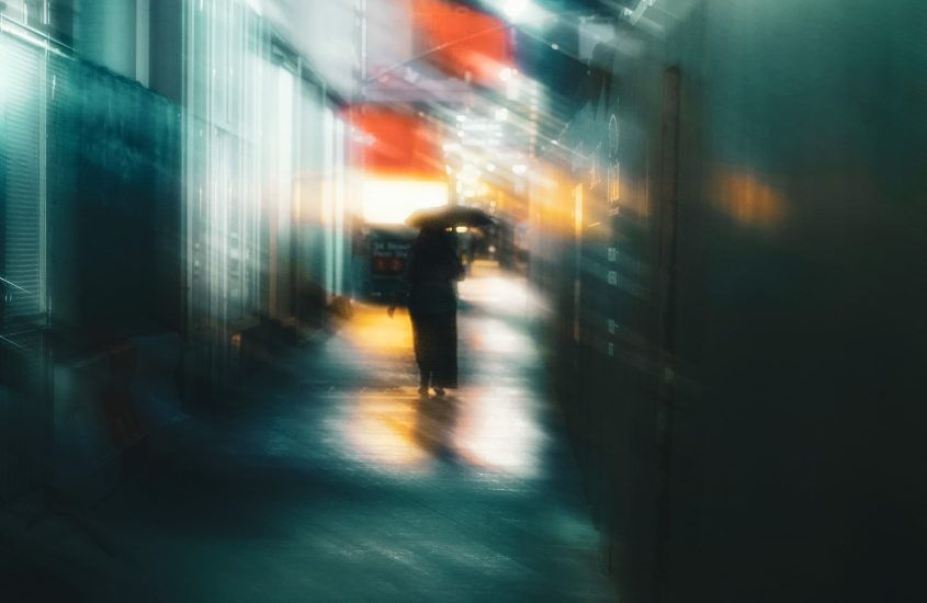 Illustration, Emotionally evocative, Woman walking down the street alone